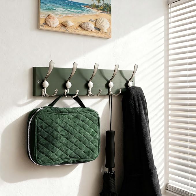 SKOLOO Creations Forest Green Solid Wood Wall Mounted Coat Rack, 5 Hooks
