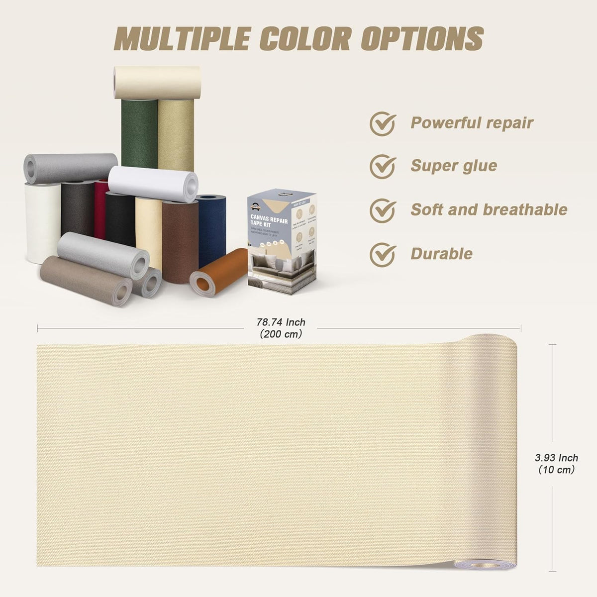 OAZ Canvas Repair Patches - Waterproof Self-Adhesive Fabric Tape for Outdoor Gear | 4 x 79 Inch (Khaki)