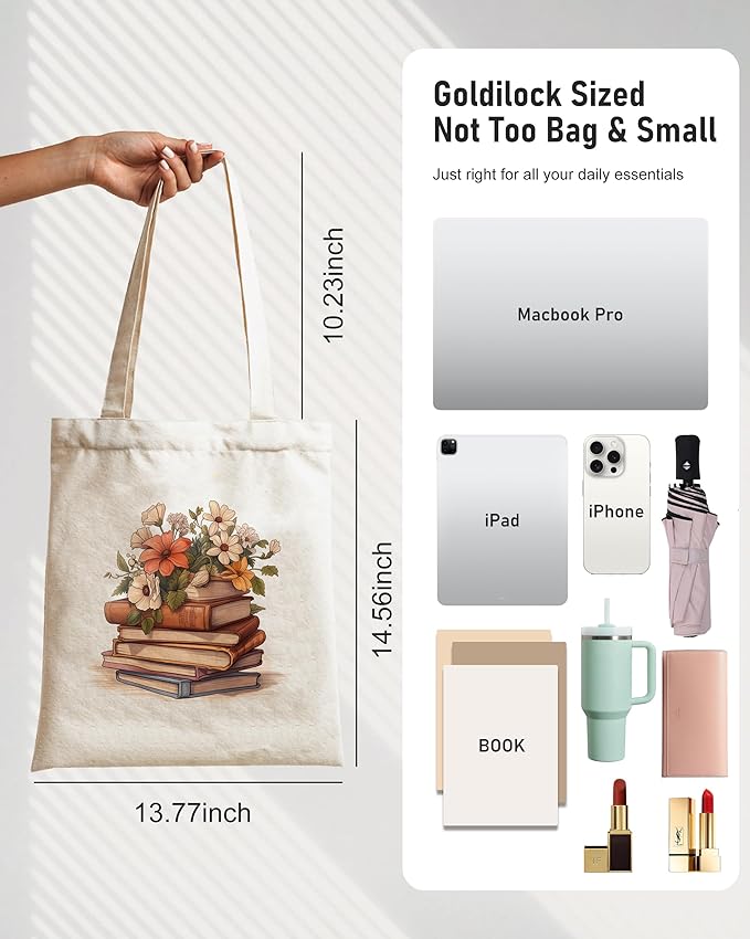 Canvas Tote Bag with Aesthetic Prints, Cute Tote Bag for Women Girls with Wide Strap, Gifts for Cat Book Lovers