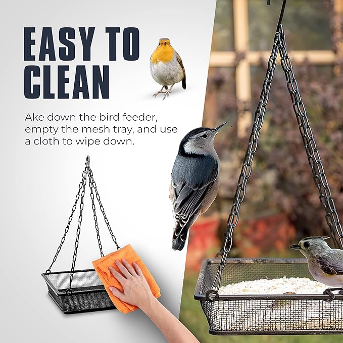 Monarch Abode Hanging Bird Feeder for Outdoors – Hanging Birdfeeder with Iron Mesh Seed Tray for Wild Birds, Matte Black Metal Decorative Wild Bird Feeder for Outside Garden Patio Deck Yard