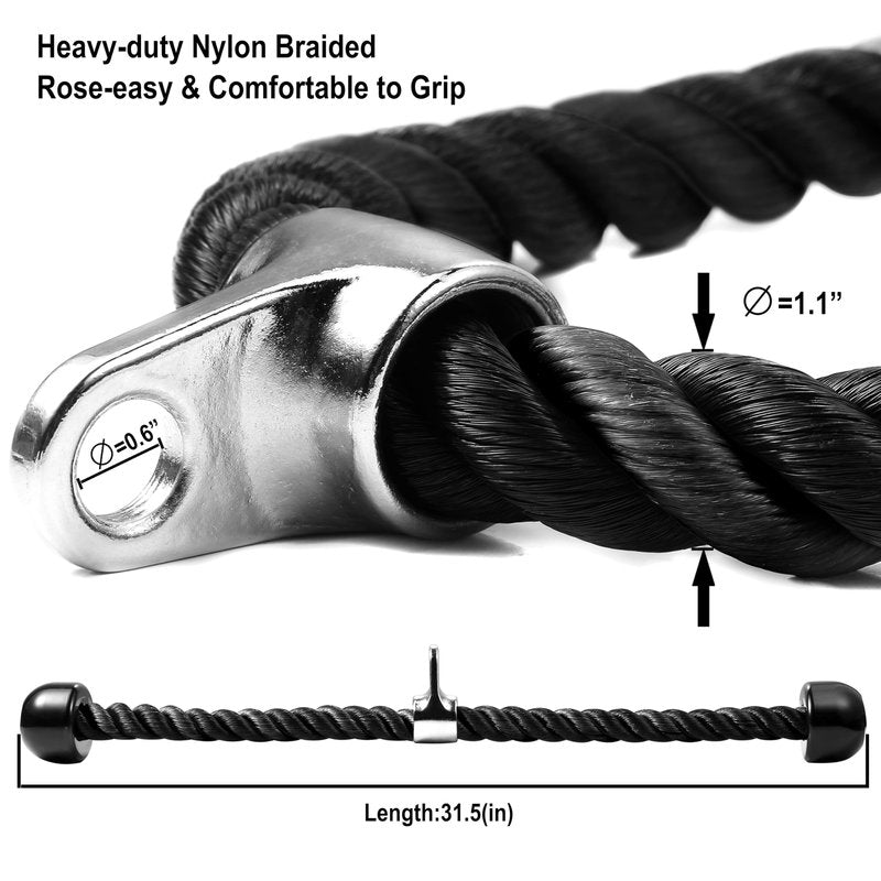 AWEFRANK Deluxe Tricep Rope Gym Rope Pull Down Cable Attachment, 31.5 Inch Rope Length, Easy to Grip & Non-Slip LAT Pulldown Attachments Workout Exercise Rope (Black)