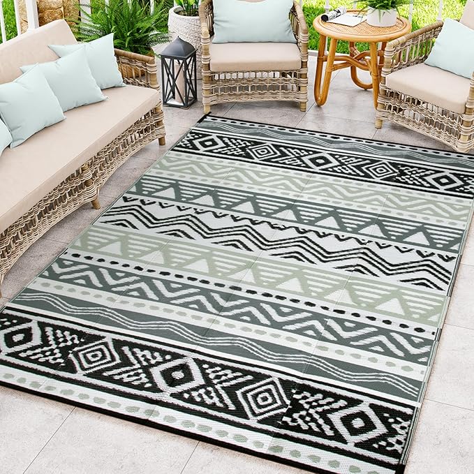 Lahome Outdoor Rug Waterproof, 5x8ft Reversible Outdoor Plastic Straw Rug for Camping, RV Patio Rugs Outside Carpet for Porch Deck Backyard Balcony Picnic(Grey/Black,5'x 8')