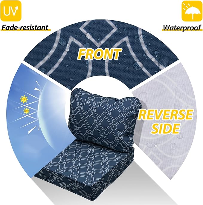 AAAAAcessories Outdoor Seat Cushions for Chairs, Fade-Resistant, Waterproof Patio Furniture Replacement Cushions, 22" x 22" x 3" + 22" x 17", Slate Blue Vine Trellis