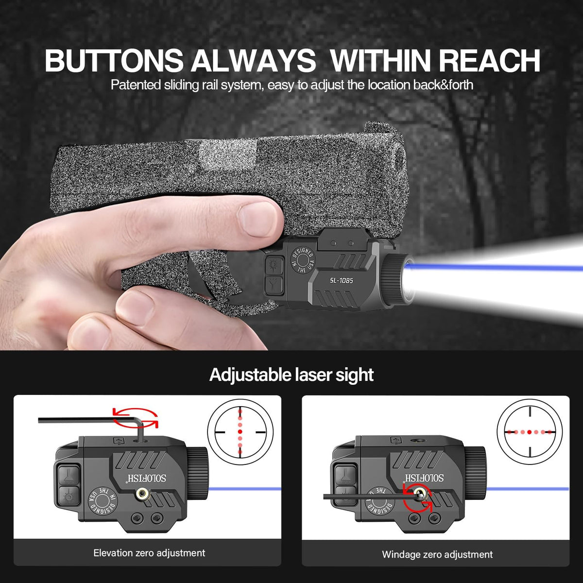 Solofish Pistol Light Laser Combo - 800lm Adjustable Shockproof Blue Laser Sight | Rechargeable with Strobe Function