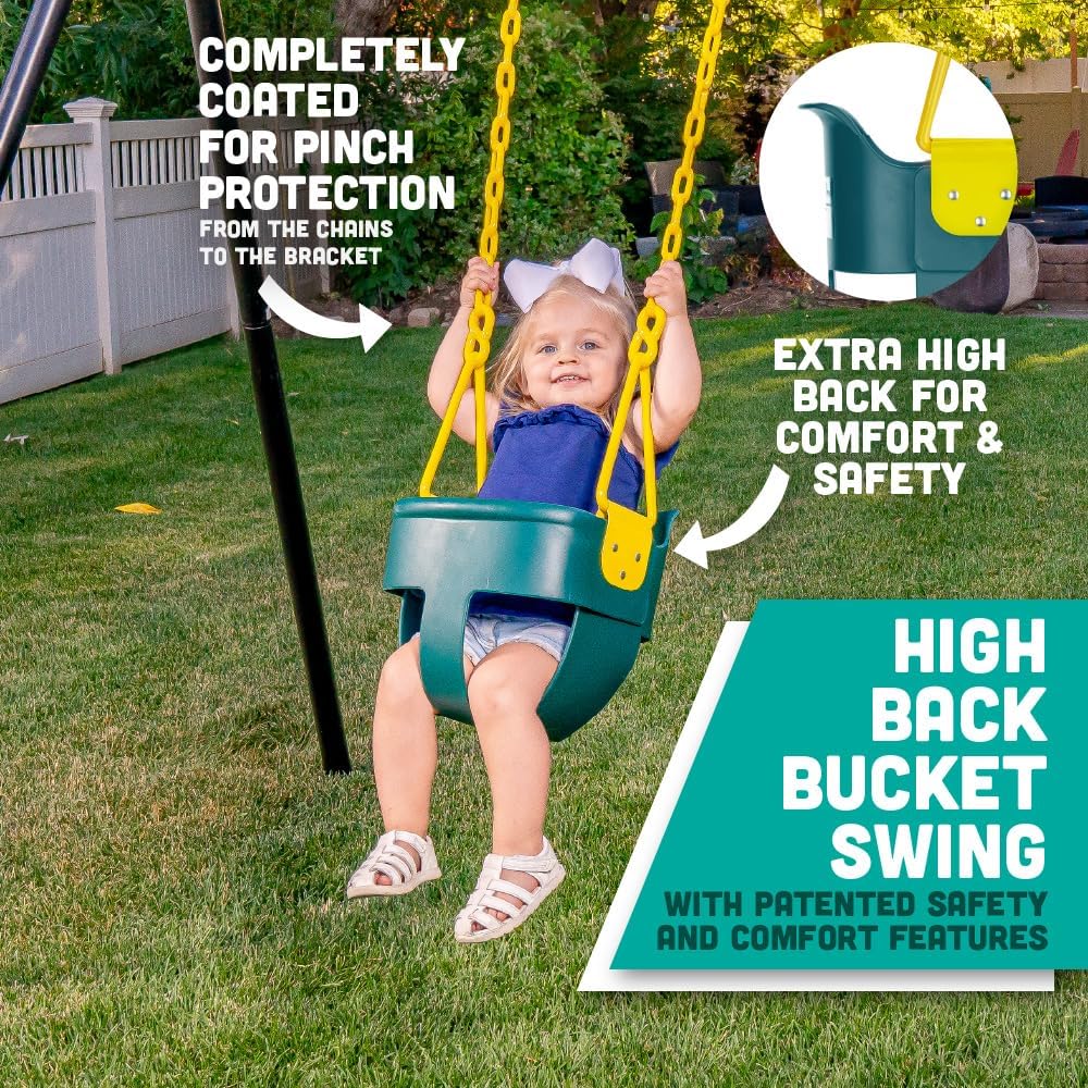 Squirrel Products Premium High Back Full Bucket Toddler Swing Seat - Easy Install with Plastic Coated Chains - Green