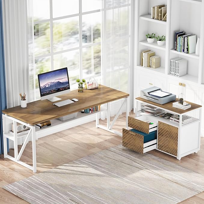 Tribesigns L Shaped Desk with Drawer,63" Executive Computer Desk and lateral File Cabinet, 2 Piece Home Office Furniture for Hanging File, Cabinet with Doors