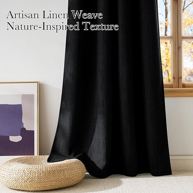 NICETOWN Black Faux Linen Room Darkening Rod Pocket Curtains 63 inch Length