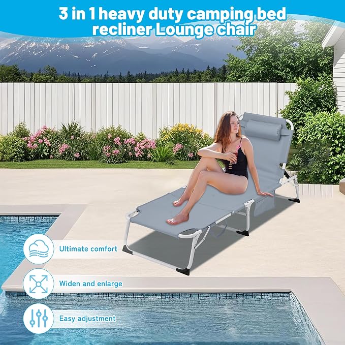 3-in-1 Oversized Sun Tanning Chair with Mat & Face Hole, Heavy Duty Folding Chaise Lounge - 5-Position Adjustable Outdoor Chair for Beach, Pool, Patio, Lawn, Yard - Includes Pillow