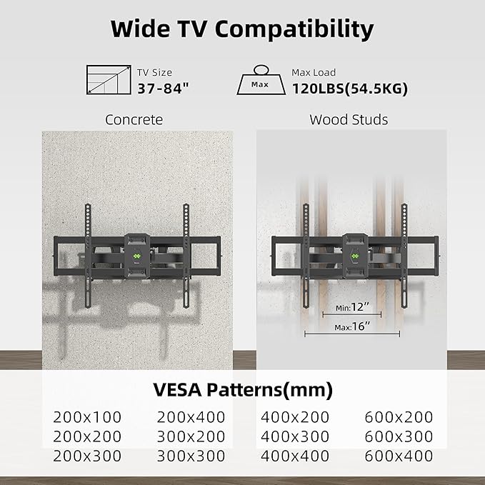 Full Motion TV Wall Mount for Most 37"-84" Flat Screen TV, Swivel or Tilt TV Wall Bracket with Dual Articulating Arms, for 12"-16" Wood Studs, Max VESA 600x400mm, Load 120 lbs by USX MOUNT