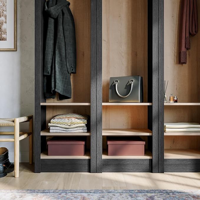 Prepac Ark 76" Tall Arched Entryway Coat Rack in Black Oak with Natural Oak Interior, Hall Tree with 2 Adjustable Shelves, Modern Furniture for Entryway and Living Room, 13.25" D x 18" W x 76" H