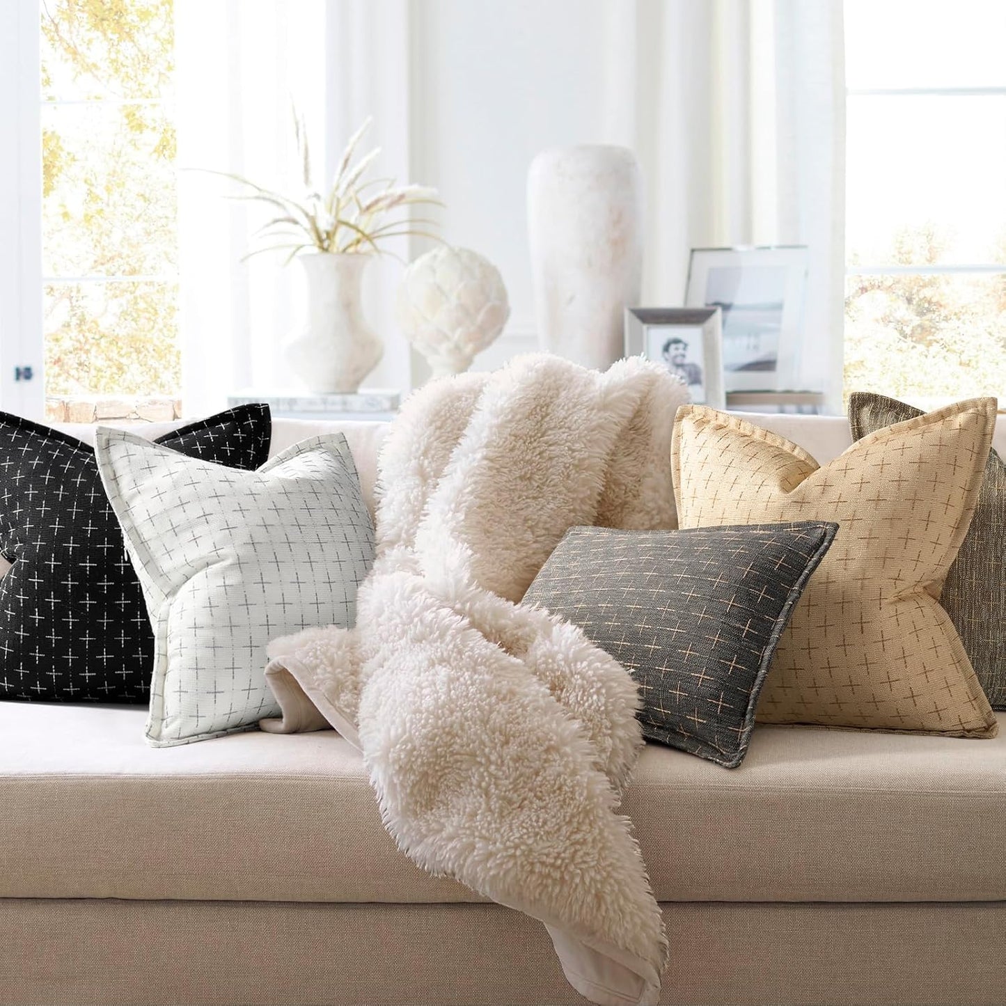 ZWJD Pillow Covers 20x20 Set of 2 Soft Polyester Textured Pillow Covers with Stylish Flange Edge Cozy Farmhouse Throw Pillows for Couch Bed Sofa Living Room