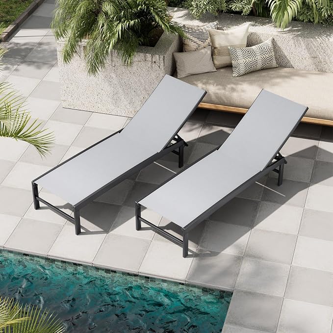 Crestlive Products Chaise Lounge Chair Outdoor Set of 2, Adjustable 5 Positions Pool Lounge Chairs, Metal Tanning Recliner, Outdoor Furniture All Weather for Patio, Beach, Yard, Pool