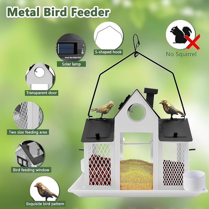 Solar Bird Feeders House for Outside Hanging, Metal Wild Bird Feeder for Outdoors Large Capacity Cardinal Birdfeeder Birdhouses Metal Bird Feeding Station White