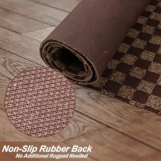 4' x 17' Runner Rugs with Rubber Backing, Indoor Outdoor Utility Carpet Runner Rugs, Checkered Brown, Can Be Used as Aisle for The RV and Boat, Laundry Room and Balcony