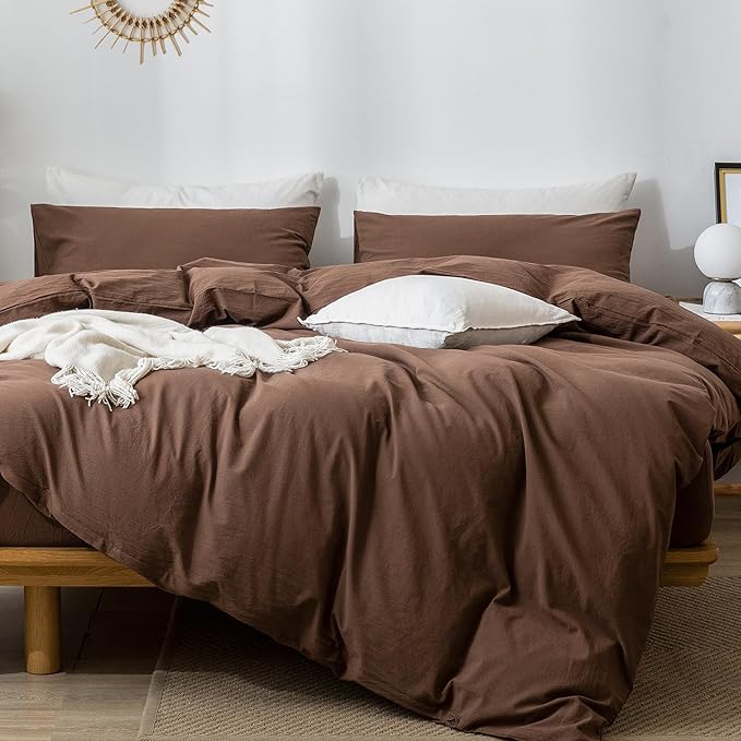 MooMee Bedding Duvet Cover Set 100% Washed Cotton Linen Like Textured Breathable Durable Soft Comfy (Solid Cocoa Brown, Super King 108"x98")