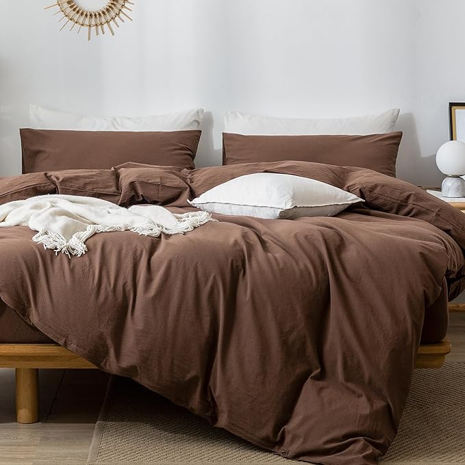 MooMee Bedding Duvet Cover Set 100% Washed Cotton Linen Like Textured Breathable Durable Soft Comfy (Solid Cocoa Brown, Twin 68"x90")