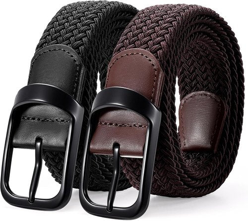 LEACOOLKEY Stretch Belts for Men - Elastic Woven Braided Casual Golf Belt | 2 Pack, 1 3/8" Width
