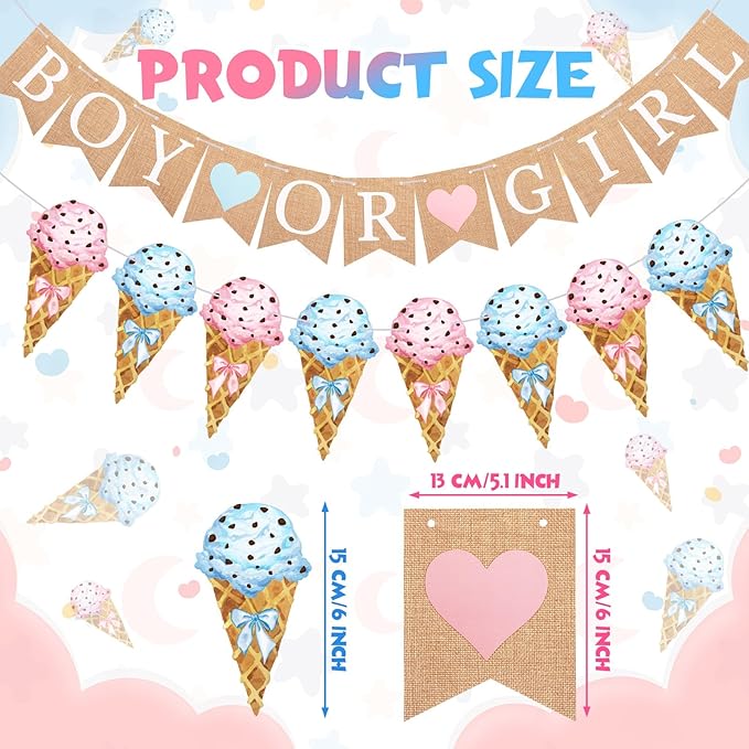 2 Pcs Gender Reveal Party Decorations Pre-strung Boy or Girl Burlap Baby Shower Banner and Ice Cream Cone Banner for Gender Reveal Birthday Baby Shower Party Decorations