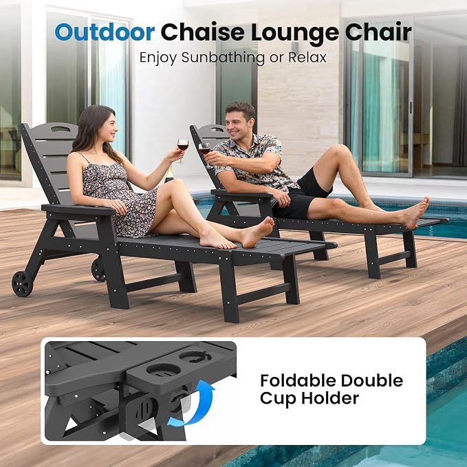 UDPATIO HDPE Outdoor Chaise Lounge Chair with Wheels Heavy-Duty Patio Recliner with Cup Holder, 5-Position Adjustable Backrest for Poolside, Beach, Garden, Deck or Indoor – Clear