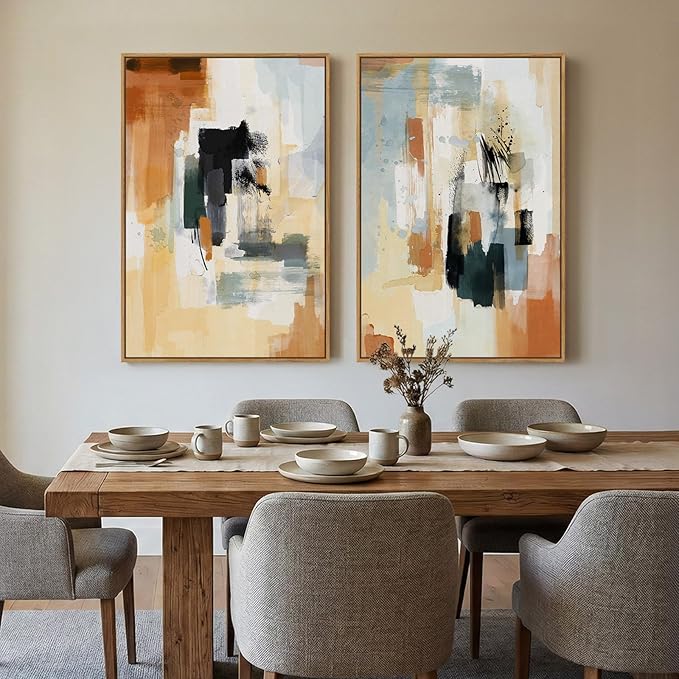 Large Framed Neutral Abstract Wall Art, Minimalist Colorful Pictures