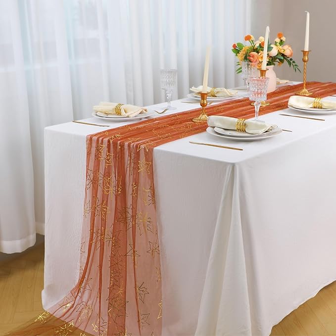 Snowkingdom Fall Thanksgiving Table Runner 10Ft, Gold Maple Leaves Burnt Orange Rust Sheer Tulle Gauze Cheesecloth, Golden Sequin Glitter Dining Table Centerpieces Decorations for Autumn Harvest Party