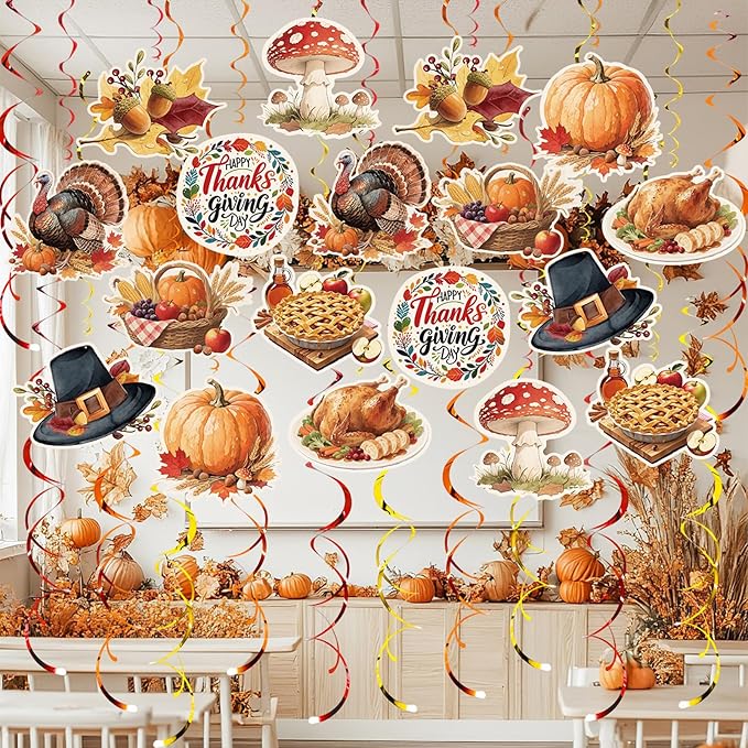 Thanksgiving Hanging Swirl Set Party Decorations, 48 Pcs, Autumn Theme Pumpkin Maple Leaf Turkey Party Supplies Sign,Orange Brown Red