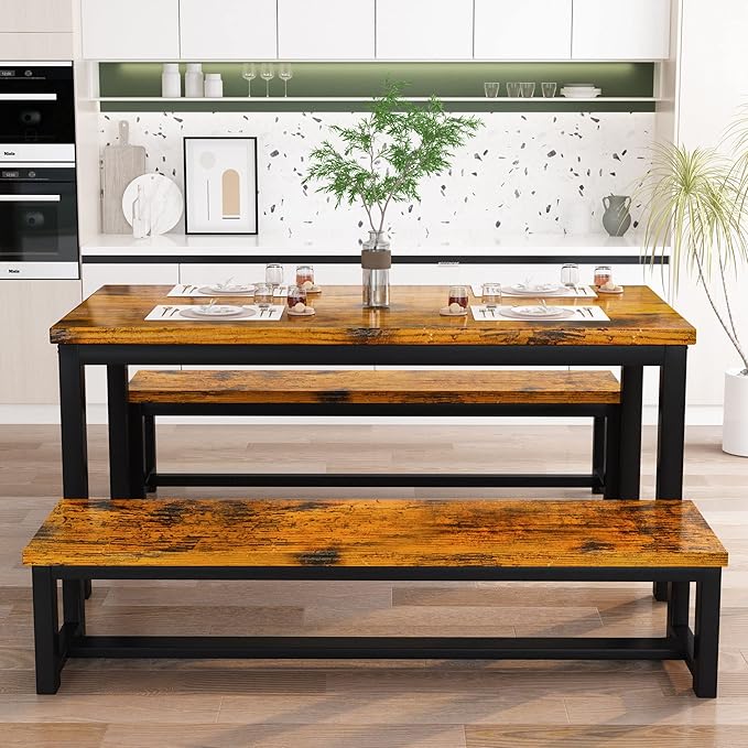 AWQM 43.3" Dining Table Set for 4, Kitchen Dining Table with 2 Benches, Dining Room Table Set with Metal Frame & Thickened Board for Kitchen, Restaurant, Rustic Brown