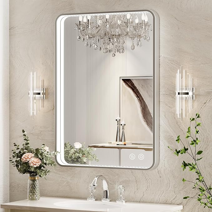LED Bathroom Mirror with Lights, 24x32 Inch Brushed Silver Framed Lighted