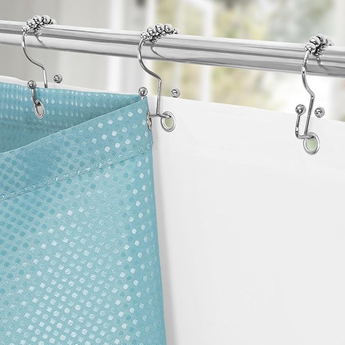 3 in 1 Long Shower Curtain Set-72 W x 78 H, Teal Blue Waffle and PEVA Liner Set with 12 Stainless Steel Hooks, Waterproof Fabric for Bathroom