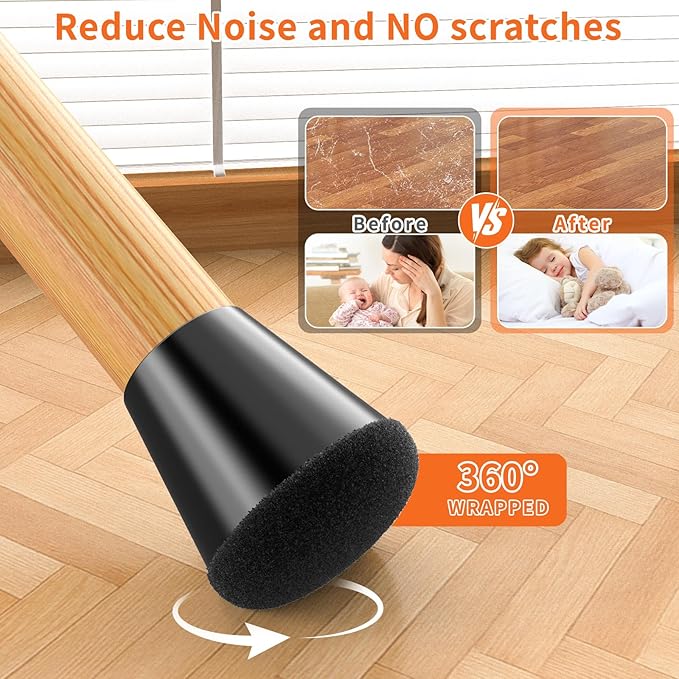 Chair Leg Floor Protectors Extra Small 16 Pcs,Silicone Chair Leg Protectors for Hardwood Floors/Tiles,360°Wrapped Felt Bottom to Prevent Scratch and Reduce Noise, Round Black