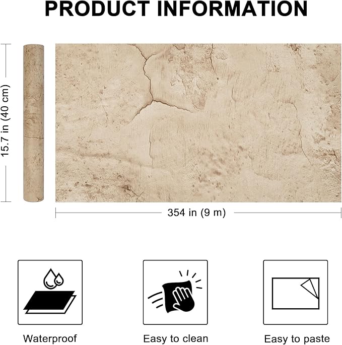 WADILE Beige Concrete Wallpaper 15.7 in * 354 in, Cement Contact Paper 3D Matte