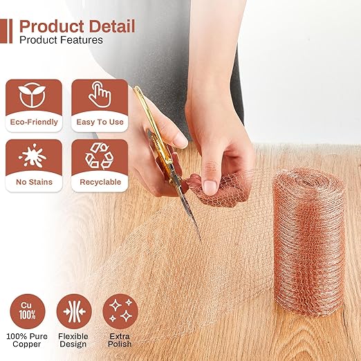 Gisafai 5" x 150 ft Copper Mesh Rodent Control Copper Wool for Slugs Rustproof DIY Hole Filler Pure Wire Mesh for Bat Snail Bird Pest Rodent Control Gap Blocker Fill Fabric Hole Gardening(1 Roll)