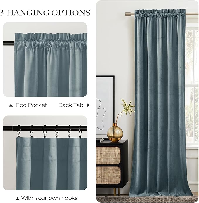 NICETOWN Stone Blue Velvet Room Darkening Curtains, Home Decor Light Blocking