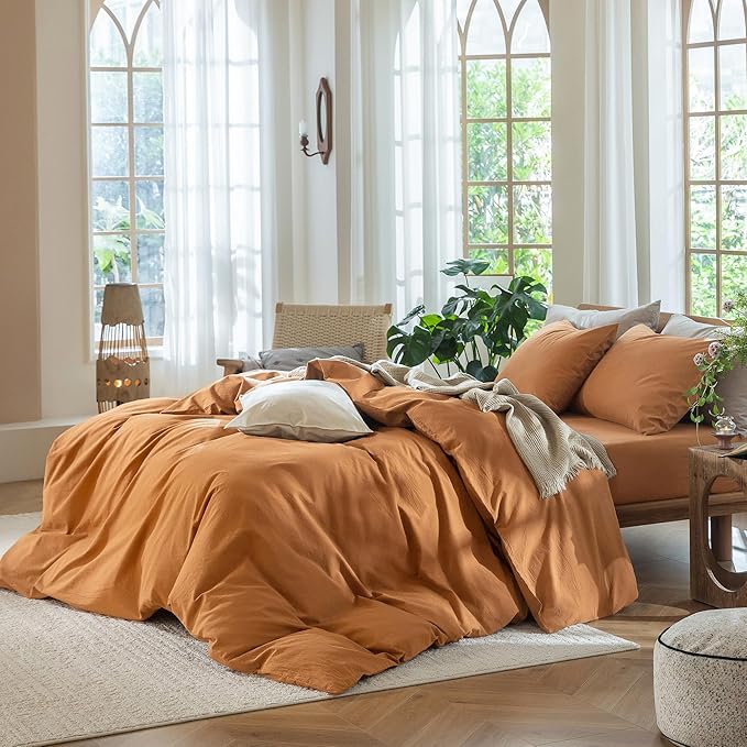 MooMee Bedding Duvet Cover Set 100% Washed Cotton Linen Like Textured Breathable Durable Soft Comfy (Solid Burnt Orange, Full 80"x90")