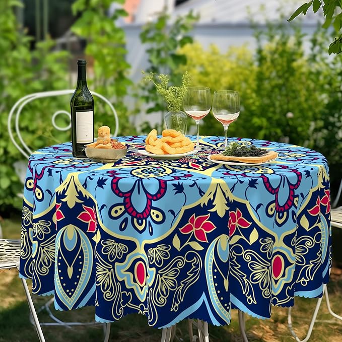Eikione Round Tablecloth, Boho Tablecloth Waterproof and Wrinkle-Free, Boho Table Covers, Summer Decorations for Home 70inch