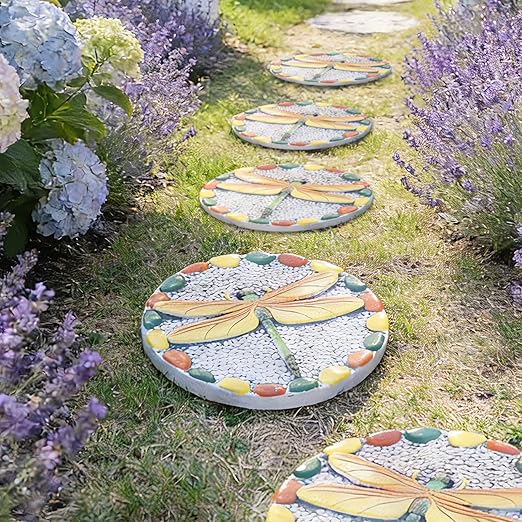 Decorative Garden Stepping Stone Dragonfly - Round Outdoor Pathway Stone with Yellow and Green Design, White Pebble Background 10x10 Inches