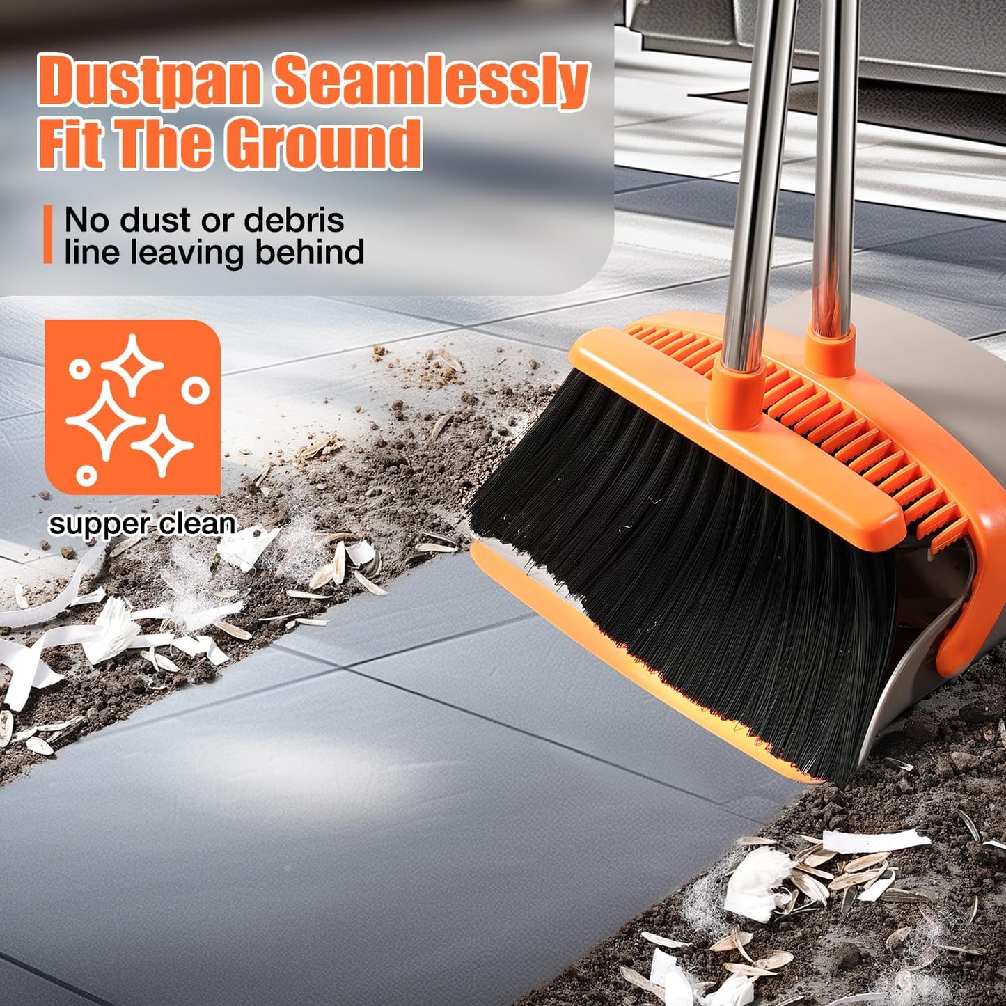 Broom and Dustpan Set, Upgraded Broom with Dustpan Combo Set with 56" Tall Adjustable Handle, Self-Cleaning Teeth, Upright Standing Dust Pan for Heavy Duty Indoor Outdoor Cleaning and Pet Hair