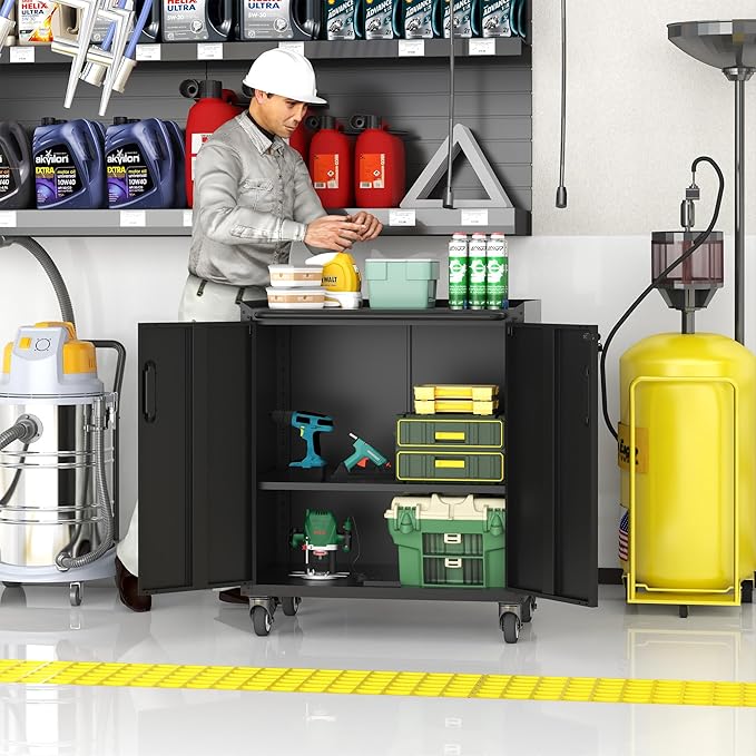 Metal Storage Cabinet with Wheels, Lockable Garage Storage Cabinet with Doors