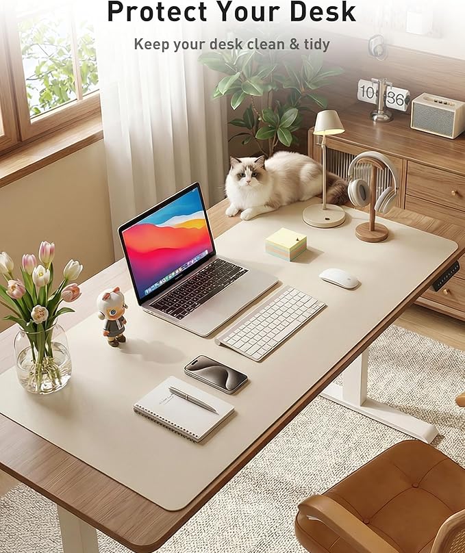 Aothia Faux Leather Desk Mat - Large Mouse Pad, Non-Slip PU Leather Blotter, Waterproof Writing Surface for Office and Home (Eggshell, 40" x 24")