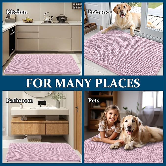 OLANLY Dog Door Mat for Muddy Paws 59x35, Absorbs Moisture and Dirt, Absorbent Non-Slip Washable Doormat, Quick Dry Chenille Mud Mat for Dogs, Entry Indoor Entryway Carpet for Inside Floor, Dusty Rose