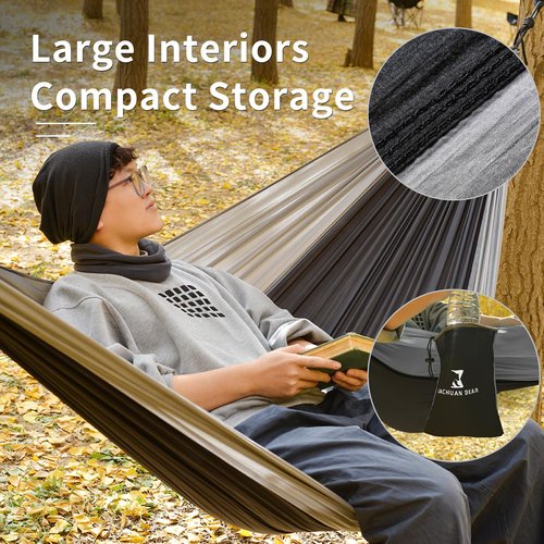 Durable Hammock 400 lb Capacity, Nylon Camping Hammock Chair - Single Sizes w/Tree Straps and Attached Carry Bag - Portable for Travel/Backpacking/Beach/Backyard (Black & Light Blue)