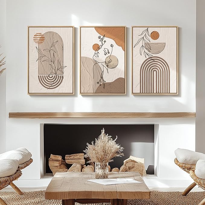 Framed Earth Tone Boho Abstract Wall Art Bedroom, 3 Piece Neutral Modern