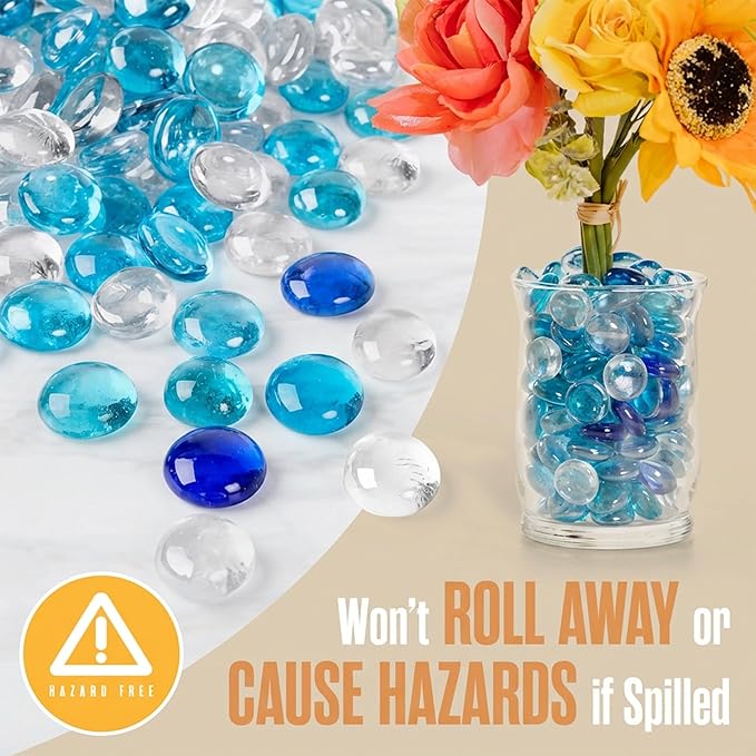 Houseables Glass Beads for Vases, Marbles for Vases, Glass Marbles, Blue & Clear Beads, Flat, Blue & Clear Gems, Filler, Crafts, Pebbles, Stones, Decorative Rocks, Plants, Flower, Fishbowl, 5LB, 500PC