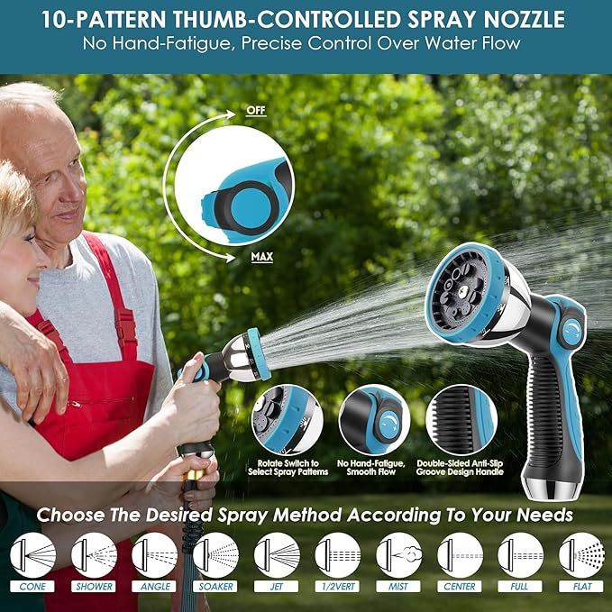 FlexiSolve Garden Hose 100 ft, Non-Expandable Lightweight Water Hose, 360° Swivel Anti-Kink Fittings, 10-Pattern Spray Nozzle & Shut-Off Valve, Flexible Water Hose for Yard, Lawn, Car Wash, Blue