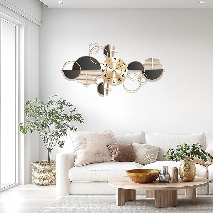 Large Wall Clock, Modern Silent Non-Ticking Metal Wall Art Wall Clocks Battery