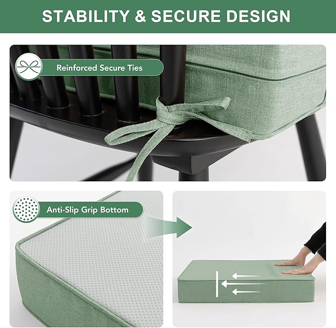 Summsun Outdoor Cushions for Patio Furniture, Faux Linen Water Resistant Backrest and Deep Seat Cushion Set with Removable Cover, Ties, Non-Slip Bottom, 22 x 22 Inch, Sage Green