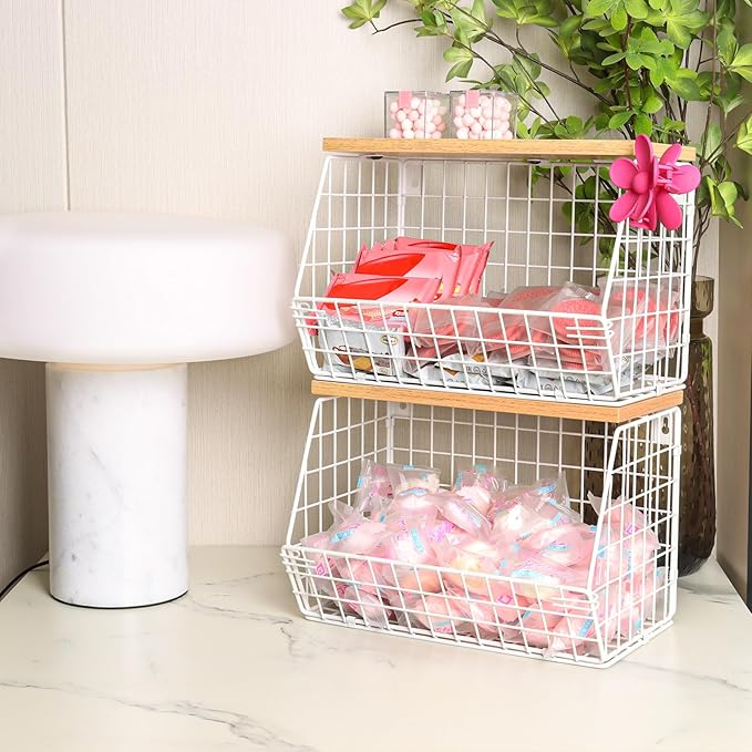 Fruit Basket, 2-Tier Fruit Bowl for Kitchen Counter, Stackable Wall Mounted Fruit Storage, Snack Organizer, Potato and Onion Storage Basket, Hanging Pantry Storage with Wood Lid, 2 Set, White