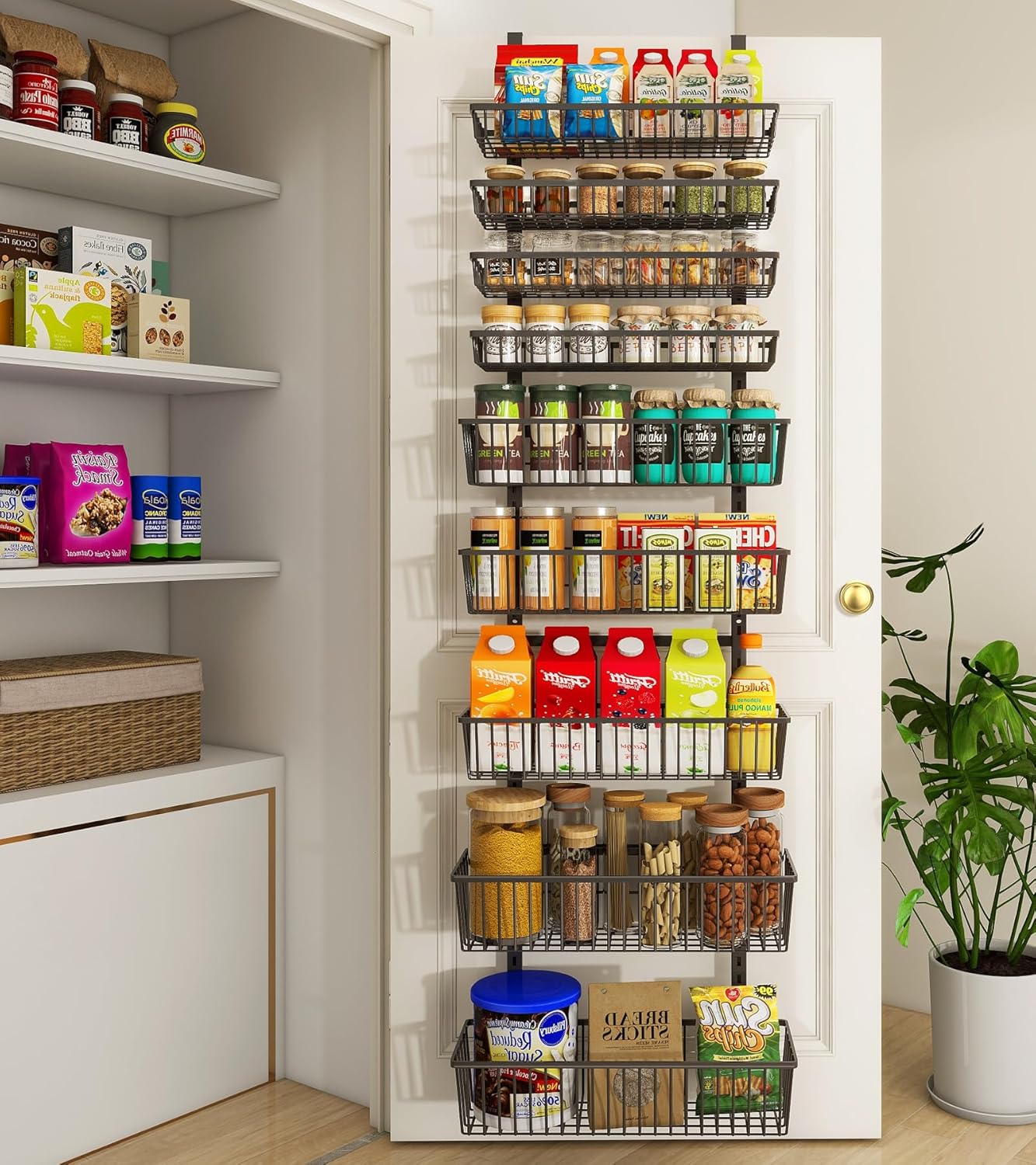 9-Tier Over The Door Pantry Organizer, Pantry Storage and Organization, Black Metal Hanging Spice Rack Seasoning Shelves Door, Wall Mount for Home & Kitchen, Laundry Room Bathroom Organization