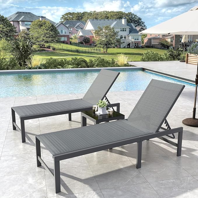 UDPATIO Outdoor Chaise Lounge Chair Set of 2 with Table Pool Lounge Chairs for Outside, Adjustable Lounger for Poolside Lawn Deck Lay Flat Sunbathing Backrest for Patio, Beach, Yard(Grey)