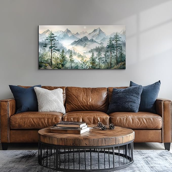 SERIMINO Large Canvas Wall Art for Living Room, Mountain Forest Landscape Canvas Prints Paintings, Nature Scenery Wall Decor, Green Modern Home Bedroom Bathroom Pictures Home Decor 24"X48"